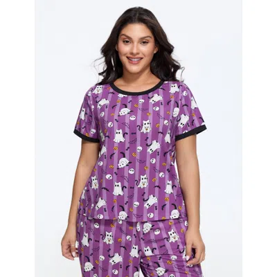Bloomchic Cotton Stripe Ghost Cat Print Lounge Top In Darkviolet