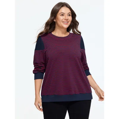 Bloomchic Cotton Striped Color Block Round Neck Sweatshirt In Purple