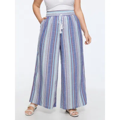 Bloomchic Cotton Striped Drawstring Wide Leg Pants In Mediumblue