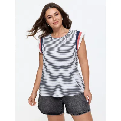Bloomchic Cotton Striped Print Ribbed Color Contrast T-shirt In Gray