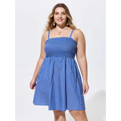 Bloomchic Cotton Striped Square Neckline Shirred Back Mini Dress In Blue