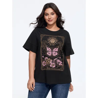 Bloomchic Cotton Sunkissed Floral Print Flared Sleeve T-shirt In Black