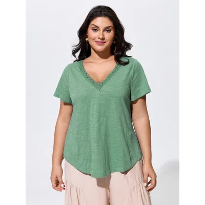 Bloomchic Cotton Supported Bra Stretchy V-neck Plain T-shirt In Green