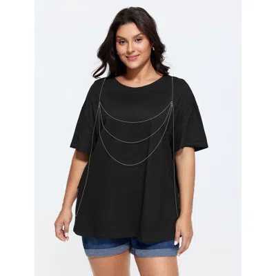 Bloomchic Cotton Tassels Round Neck Plain T-shirt In Black