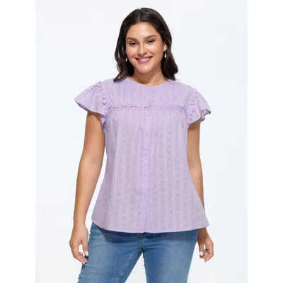 Bloomchic Cotton Textured Lace Trim Placket Blouse In Purple