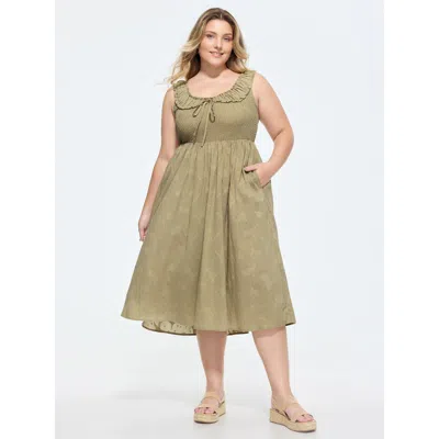 Bloomchic Cotton Textured Shirred Bodice Midi Dress In Green