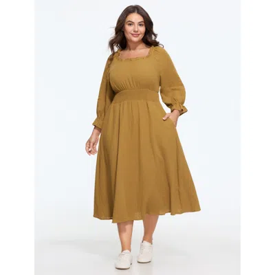 Bloomchic Cotton Textured Shirred Waist Ruffle Midi Dress In Turmeric