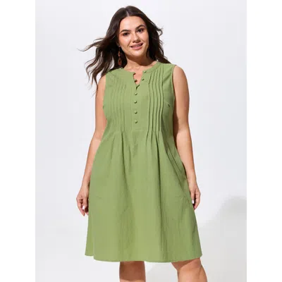 Bloomchic Cotton Toothpick Pleat Button Detail Mini Dress In Green