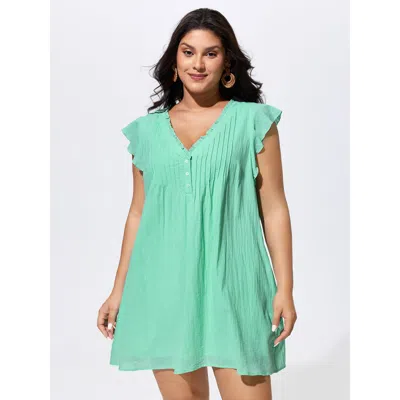 Bloomchic Cotton Toothpick Pleated Plain Mini Dress In Green