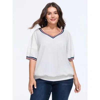 Bloomchic Cotton V Neck Contrast Striped T‑shirt In Originalwhite