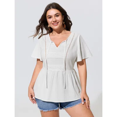 Bloomchic Cotton V Neck Flutter Sleeve Peplum Blouse In Originalwhite