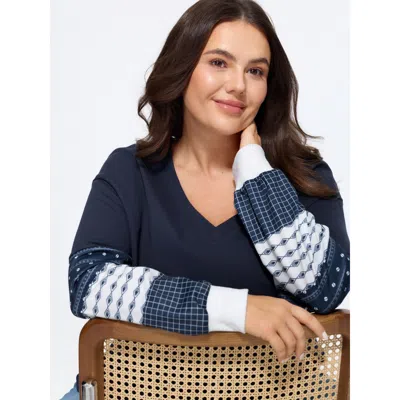 Bloomchic Cotton V Neck Patchwork Long Sleeve Sweatshirt In Blue