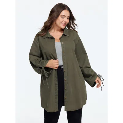Bloomchic Cotton Vintage Drawstring Cuff Button Down Jacket In Green