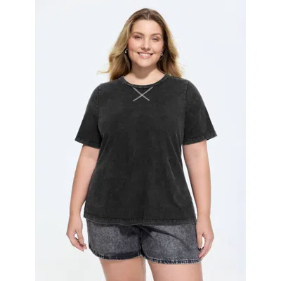 Bloomchic Cotton Vintage Effect Cut-out Back T-shirt In Black