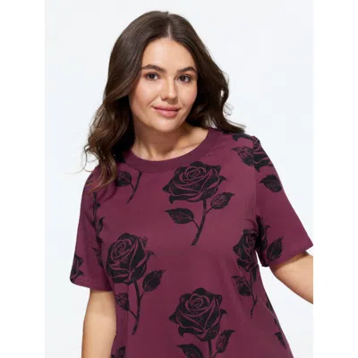 Bloomchic Cotton Vintage Rose Print Crew Neck T‑shirt In Burgundy
