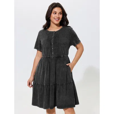 Bloomchic Cotton Vintage Washed Pleated Partial Button Tiered Mini Dress In Darkgray
