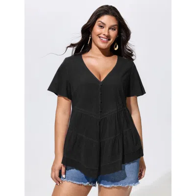 Bloomchic Cotton V-neck Tiered Plain Blouse In Black
