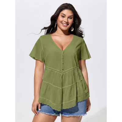Bloomchic Cotton V-neck Tiered Plain Blouse In Moss
