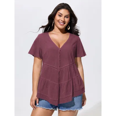 Bloomchic Cotton V-neck Tiered Plain Blouse In Purple