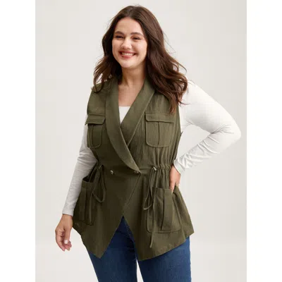 Bloomchic Cotton Waist Defining Drawstring Pocket Vest In Green
