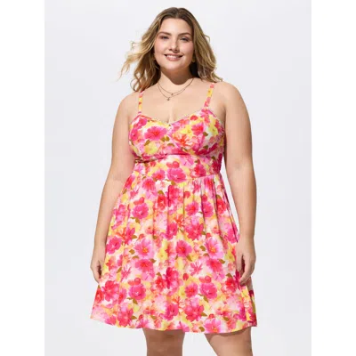 Bloomchic Cotton Watercolor Floral Print Lace Trim Mini Dress In Pink