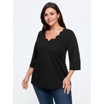 Bloomchic Cotton Wave V Neck Three Quarter Sleeve Knit T Shirt In Black
