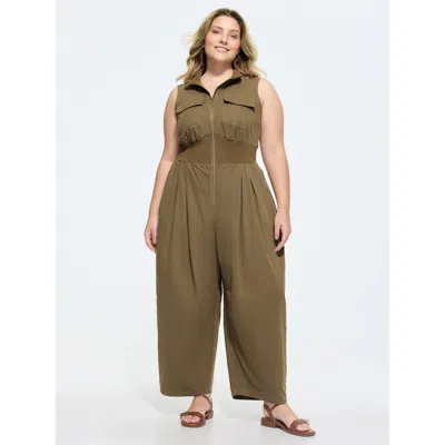 Bloomchic Cotton Zipper Pleated Waist-defining Jumpsuit In Multi