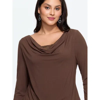 Bloomchic Cowl Neck Draped Lace Detail Fitted T-shirt In Brown
