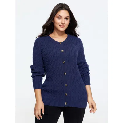 Bloomchic Crew Neck Button‑down Cable Knit Cardigan In Indigo