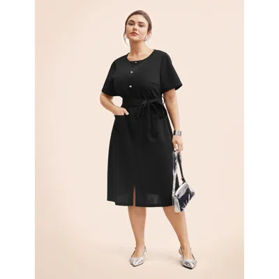 Bloomchic Crew Neck Metal Button Detail Belted Dress In Animal Print