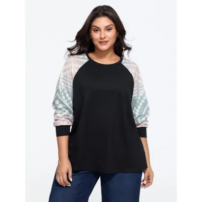 Bloomchic Crew Neck Patchwork Geometric Raglan Sleeve T‑shirt In Black