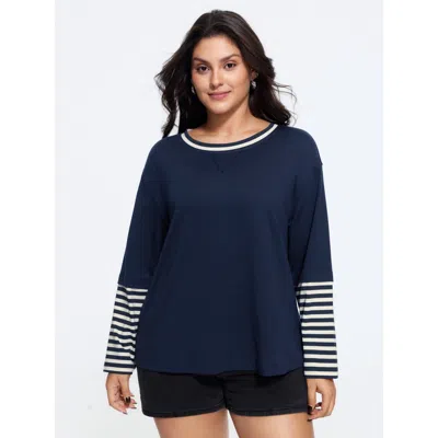 Bloomchic Crew Neck Stripe Print Patchwork Sweatshirt In Indigo