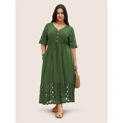 Bloomchic Crochet Lace Mesh Button Detail Drawstring Dress In Green