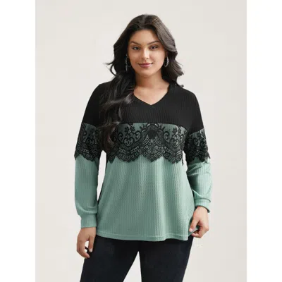 Bloomchic Crochet Lace Mesh Contrast Patchwork Top In Green