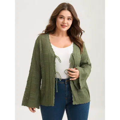 Bloomchic Crochet Textured Front-tie Knit Cardigan In Sage