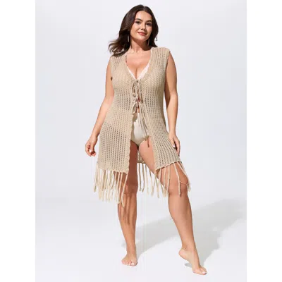 Bloomchic Crochet Textured Tassel Hem Swim Cover-up In Brown