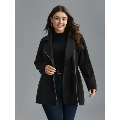 Bloomchic Curved Hem Zipper Placket Pockets Coat In Black