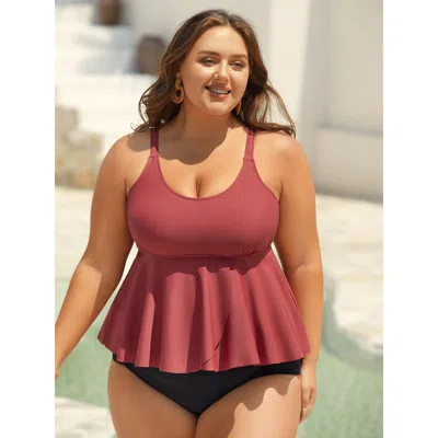 Bloomchic Curvy Split Hem Flared Swim Top In Pink