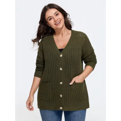 Bloomchic Cut Out Button Front Pocket Cardigan In Green