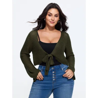 Bloomchic Cut Out Front Tie Cropped Cardigan In Green
