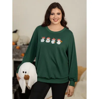 Bloomchic Cute Ghost Mushroom Hat Embroidery Crew Neck Sweatshirt In Green