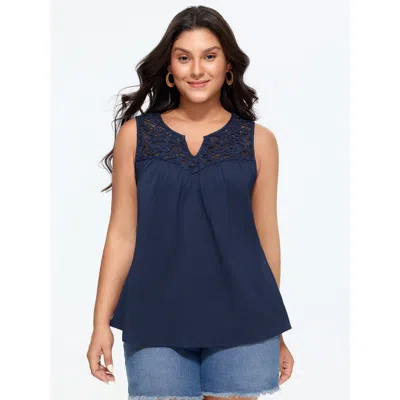 Bloomchic Cut-out Lace Neckline Pleated Tank Top In Blue
