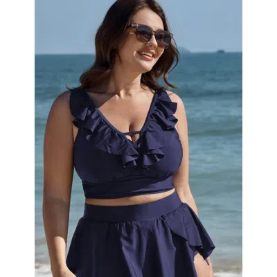 Bloomchic Cut-out Ruffled Sleeve Swim Top In Blue