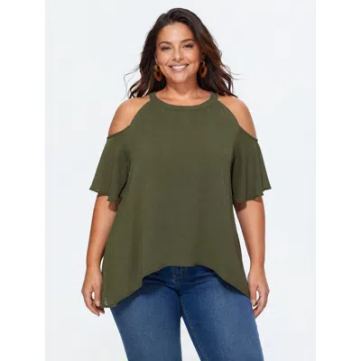 Bloomchic Cut-out Shoulder Relaxed-fit Blouse In Green