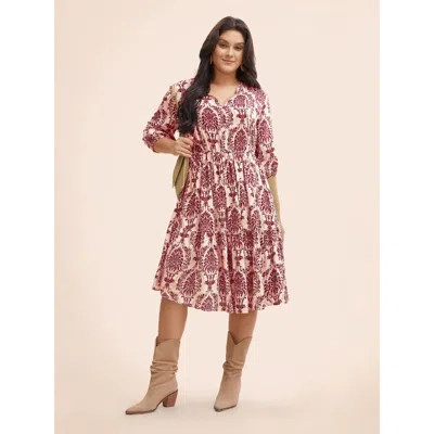 Bloomchic Damask Print Tie Knot Puff Sleeve Dress In Burgundy