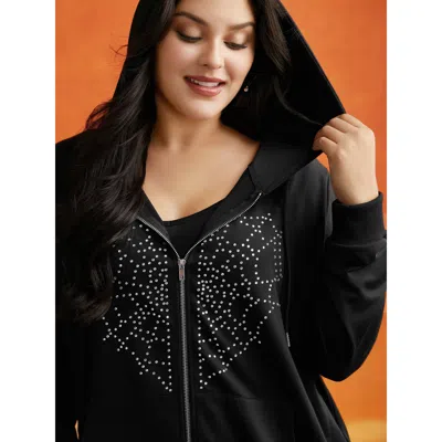 Bloomchic Diamond Embellished Spiderweb Zipper Sweatshirt In Black