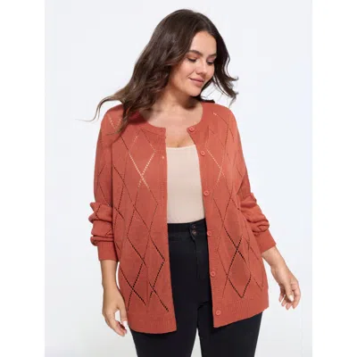 Bloomchic Diamond Hollow Button Long Sleeve Cardigan In Brightorange