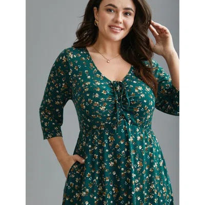 Bloomchic Ditsy Floral Chest Drawstring Midi Dress In Green