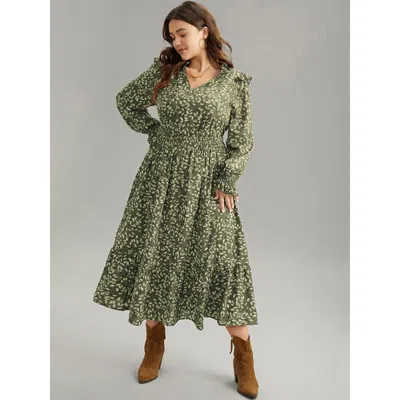 Bloomchic Ditsy Floral Flutter Trim Pocket Shirred Dress In Green