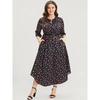 Bloomchic Ditsy Floral Frill Trim Tie Neck Pocket Arc Hem Dress In Animal Print
